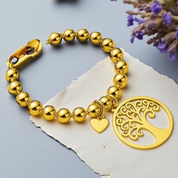ποΈ24K Gold Plated Chunky Beaded Bracelet | Tree of Life & Heart Charm ππ³β¨ - Picture 13 of 13